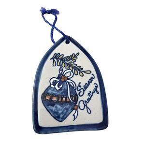 Louisville Pottery Stoneware Christmas Ornament Seasons Greetings Chapel Blue